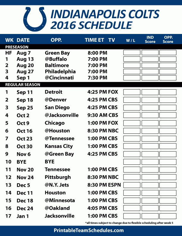 Indianapolis Colts Football Schedule Print Schedule Here 