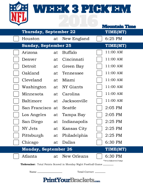 Mountain Time Week 3 NFL Schedule 2016 Printable