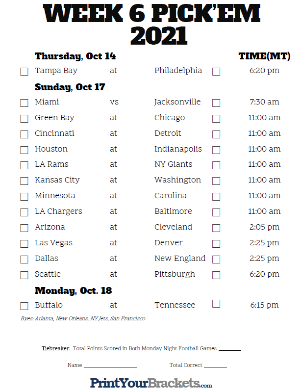 Mountain Time Week 6 NFL Schedule 2020 Printable