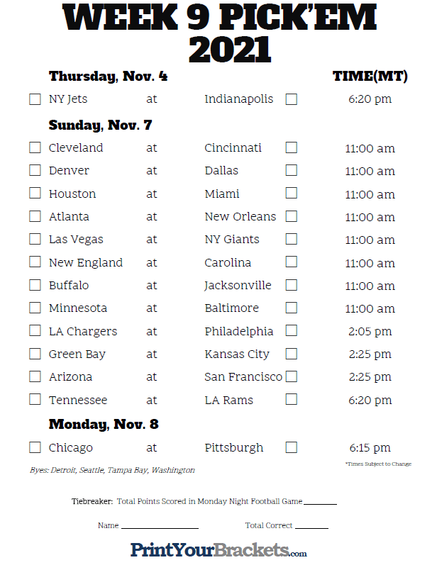 Mountain Time Week 9 NFL Schedule 2020 Printable