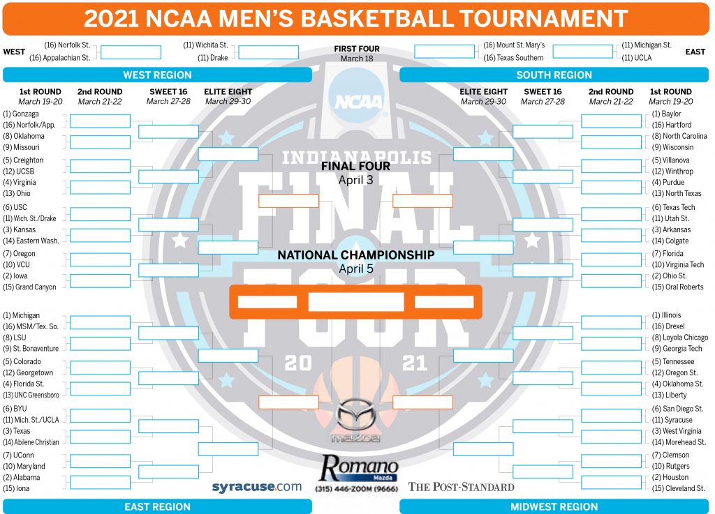 NCAA Bracket 2021 Tournament Teams Set Print Your Men S