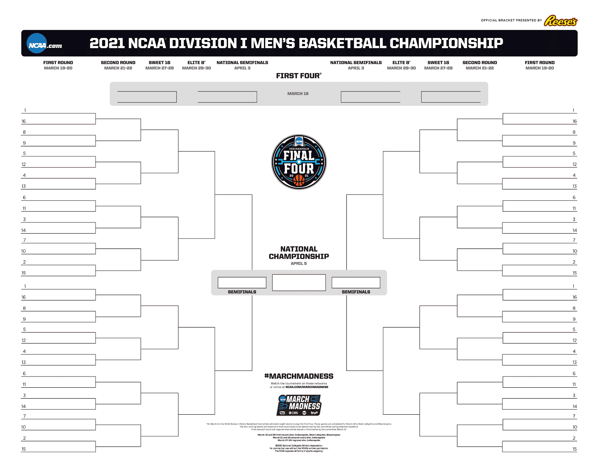 NCAA Tournament March Madness 2021 Complete Schedule 
