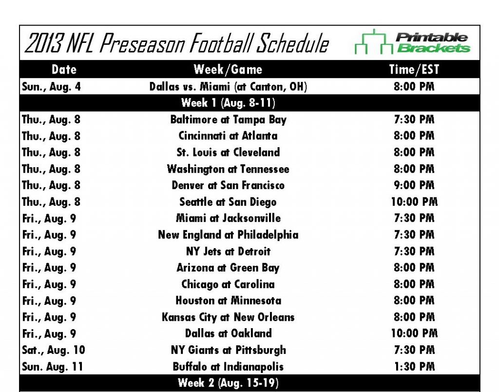 NFL Preseason Schedule 2013 NFL Preseason Schedule