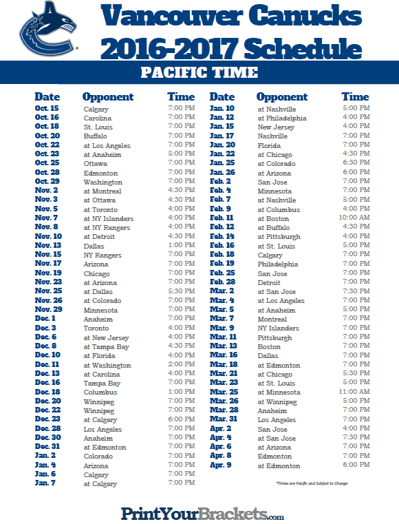 Pacific Time Vancouver Canucks Schedule San Jose Sharks 