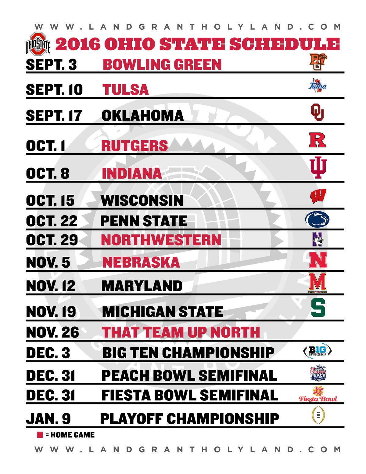 Print Your Own 2016 Ohio State Football Graphical Schedule 