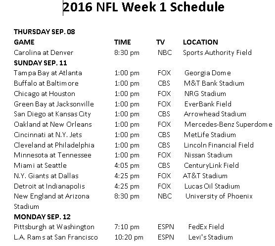 Printable 2016 NFL Week 1 Schedule Nfl Week Nfl Week 1 