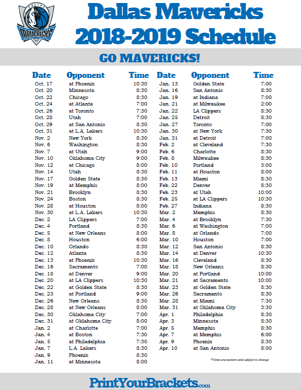 Printable 2018 2019 Dallas Mavericks Schedule Dallas 