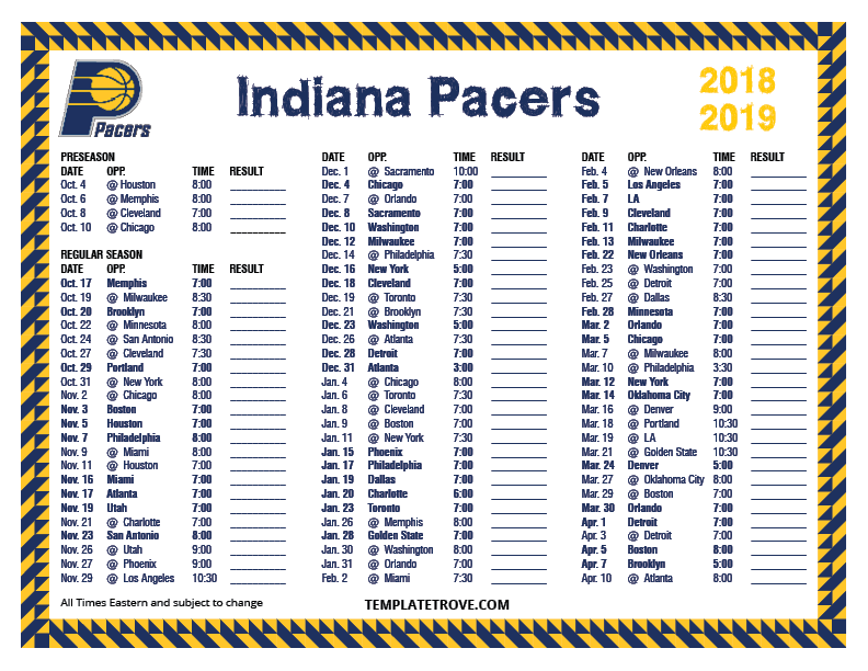 Printable 2018 2019 Indiana Pacers Schedule