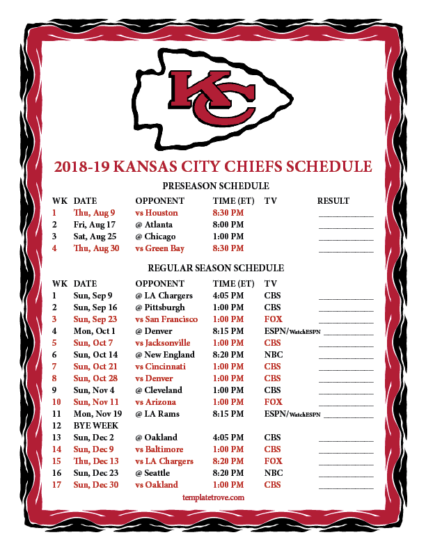 Printable 2018 2019 Kansas City Chiefs Schedule