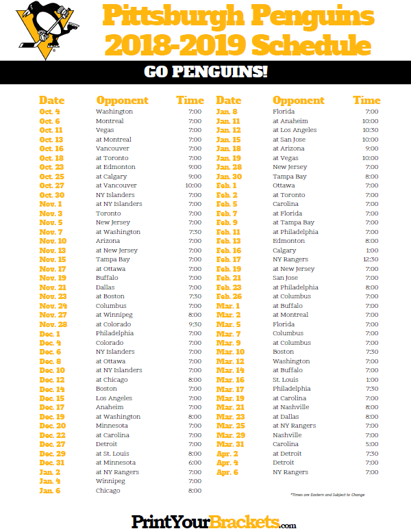 Printable 2018 2019 Pittsburgh Penguins Hockey Schedule