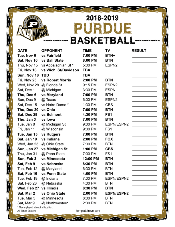 Printable 2018 2019 Purdue Boilermakers Basketball Schedule