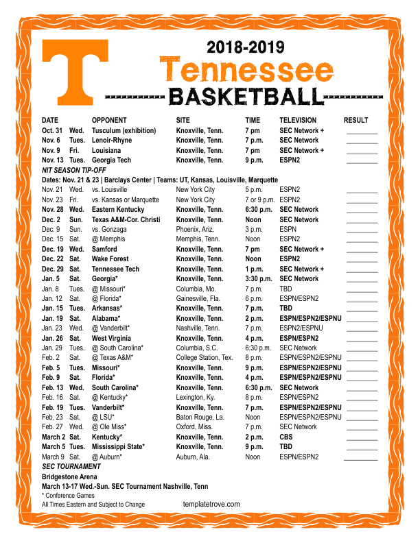 Printable 2018 2019 Tennessee Volunteers Basketball Schedule