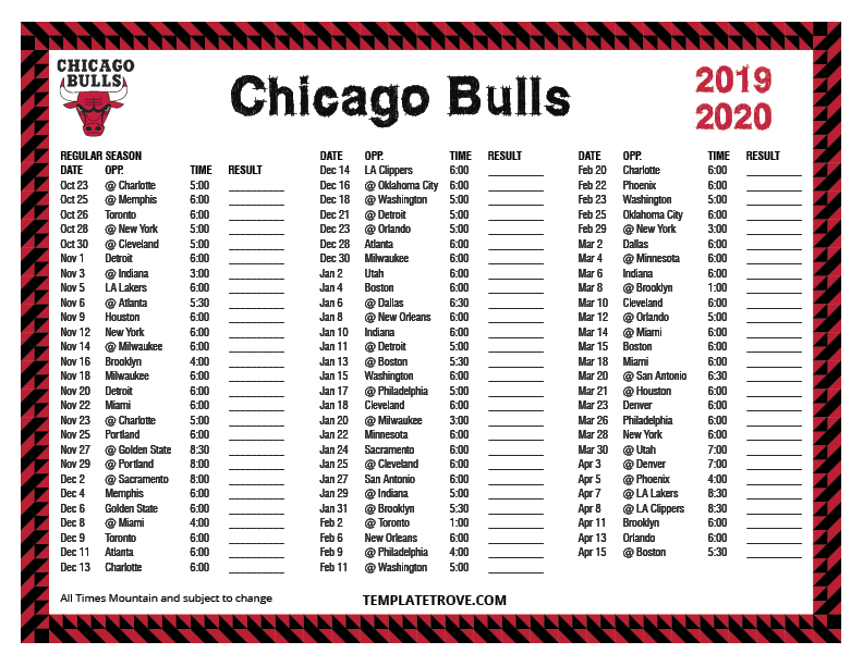 Printable 2019 2020 Chicago Bulls Schedule