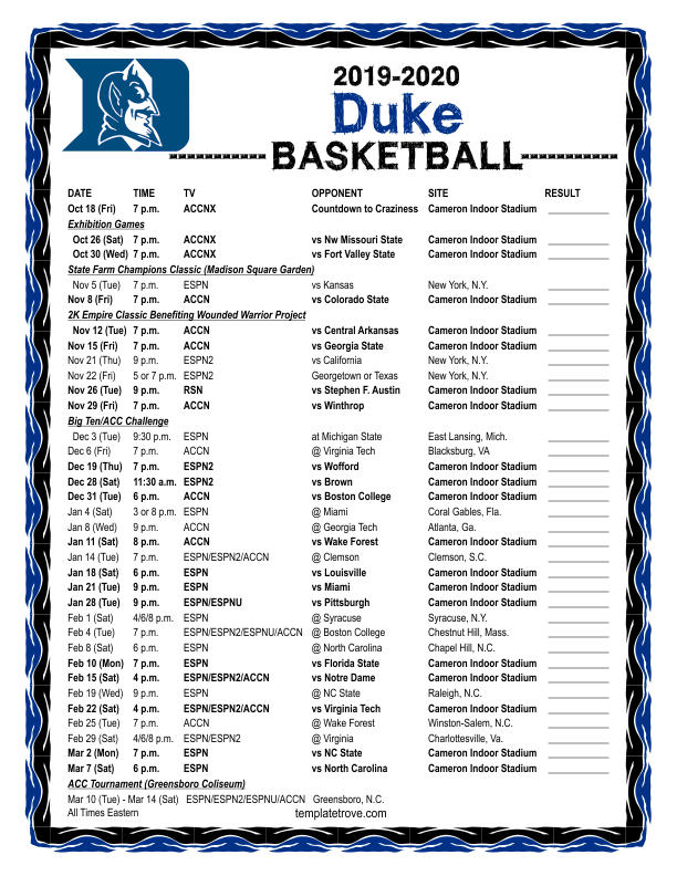 Printable 2019 2020 Duke Blue Devils Basketball Schedule