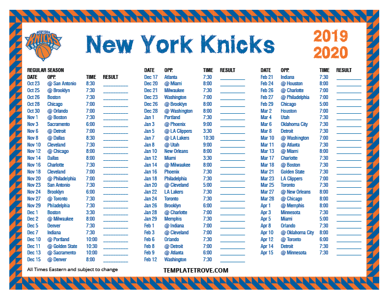 Printable 2019 2020 New York Knicks Schedule