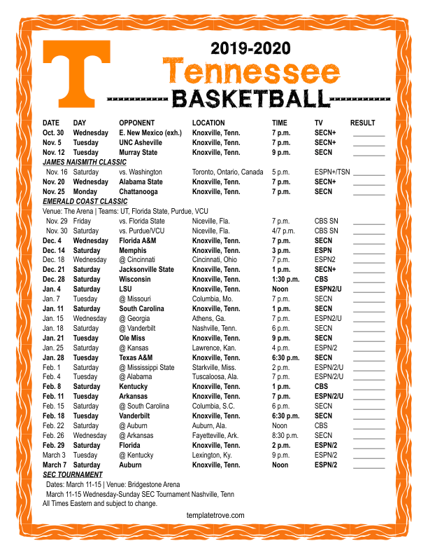 Printable 2019 2020 Tennessee Volunteers Basketball Schedule