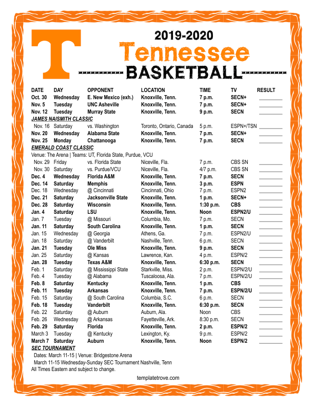 University Of Tennessee Basketball Schedule Printable Printable Schedule