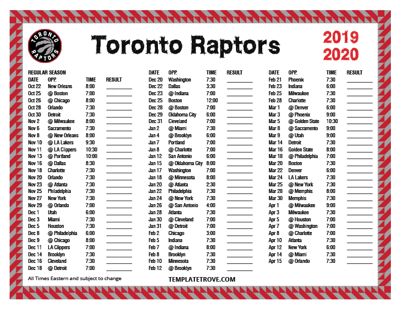 Printable 2019 2020 Toronto Raptors Schedule