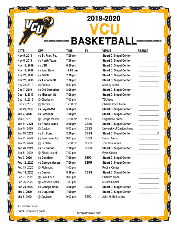 Printable 2019 2020 VCU Rams Basketball Schedule