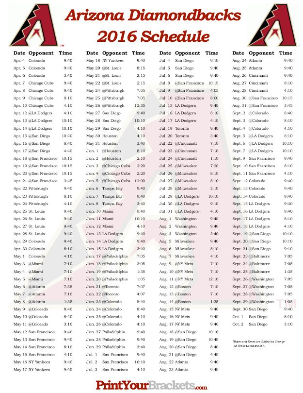 Printable Arizona Diamondbacks Baseball Schedule 2016 