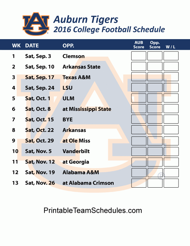 Printable Auburn Tigers Football Schedule 2016 Auburn 