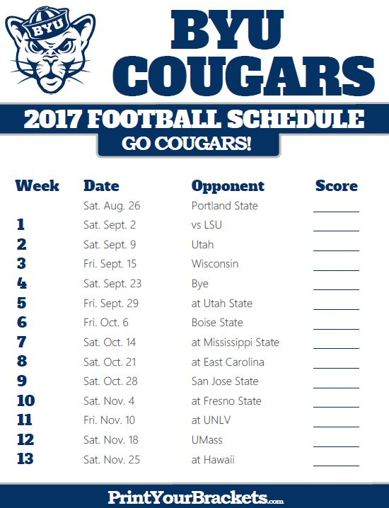 Printable BYU Cougars Football Schedule Oregon Ducks 