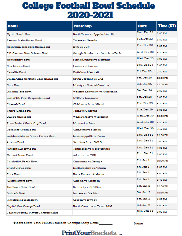 Ncaa Football Bowl Games Printable Schedule Pdf Printable Online