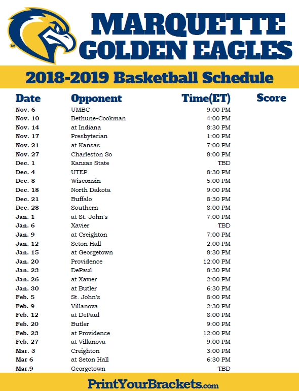 Printable Marquette Golden Eagles 2018 2019 Basketball 