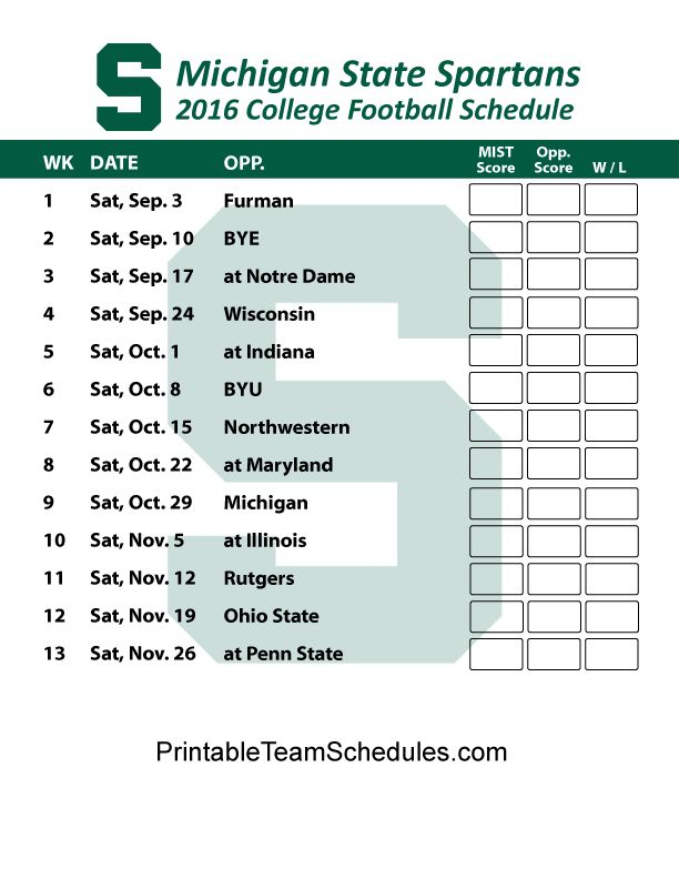 Printable Michigan State Spartans Football Schedule 2016 