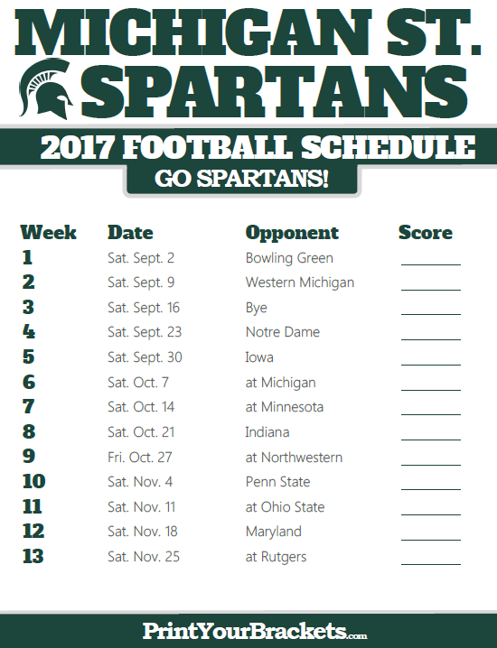Printable Michigan State Spartans Football Schedule With 