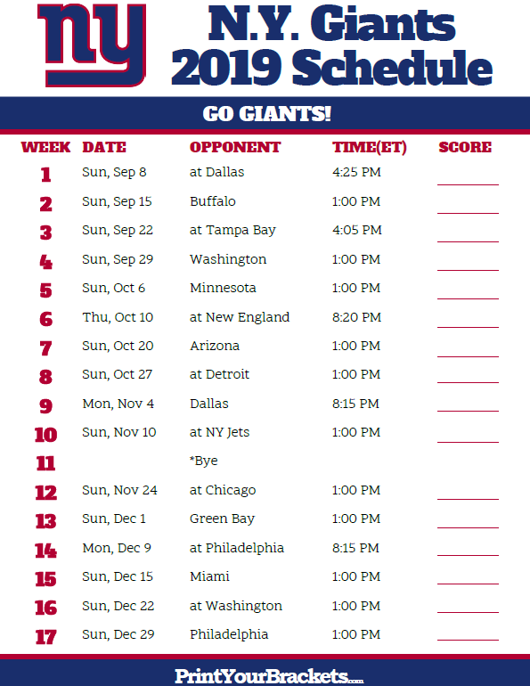 Printable New York Giants Schedule 2019 Season With 
