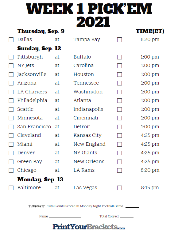 Printable NFL Week 1 Schedule Pick Em Pool 2020