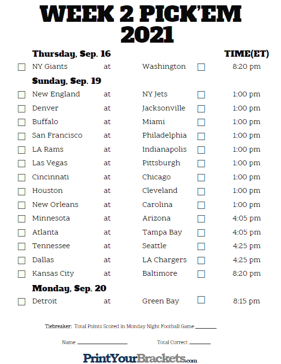 Printable NFL Week 2 Schedule Pick Em Pool 2020