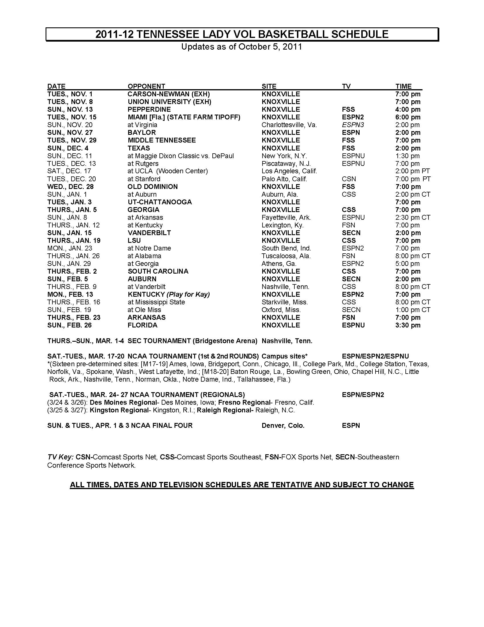 Printable Schedule 2019 Lady Vols Basketball All 