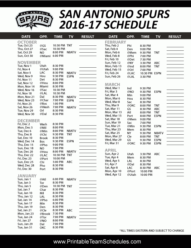 San Antonio Spurs Basketball Schedule 2016 2017 Print 