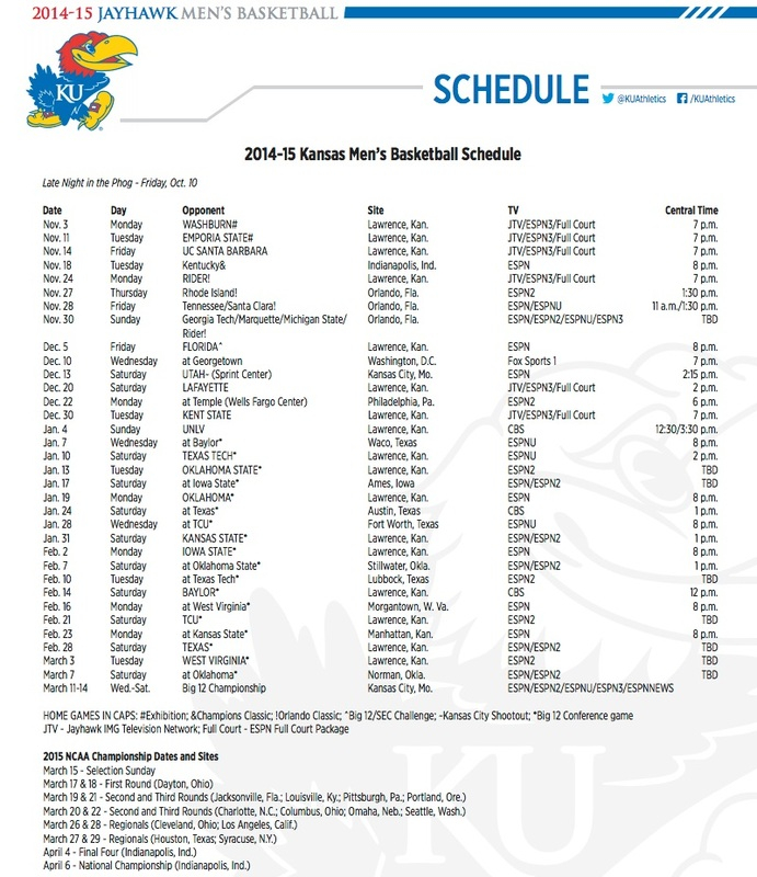 Kansas Men's Basketball Printable Schedule Printable Schedule