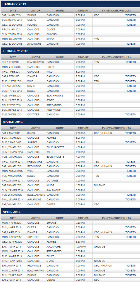 The Inside Scoop Canucks Schedule For 2013