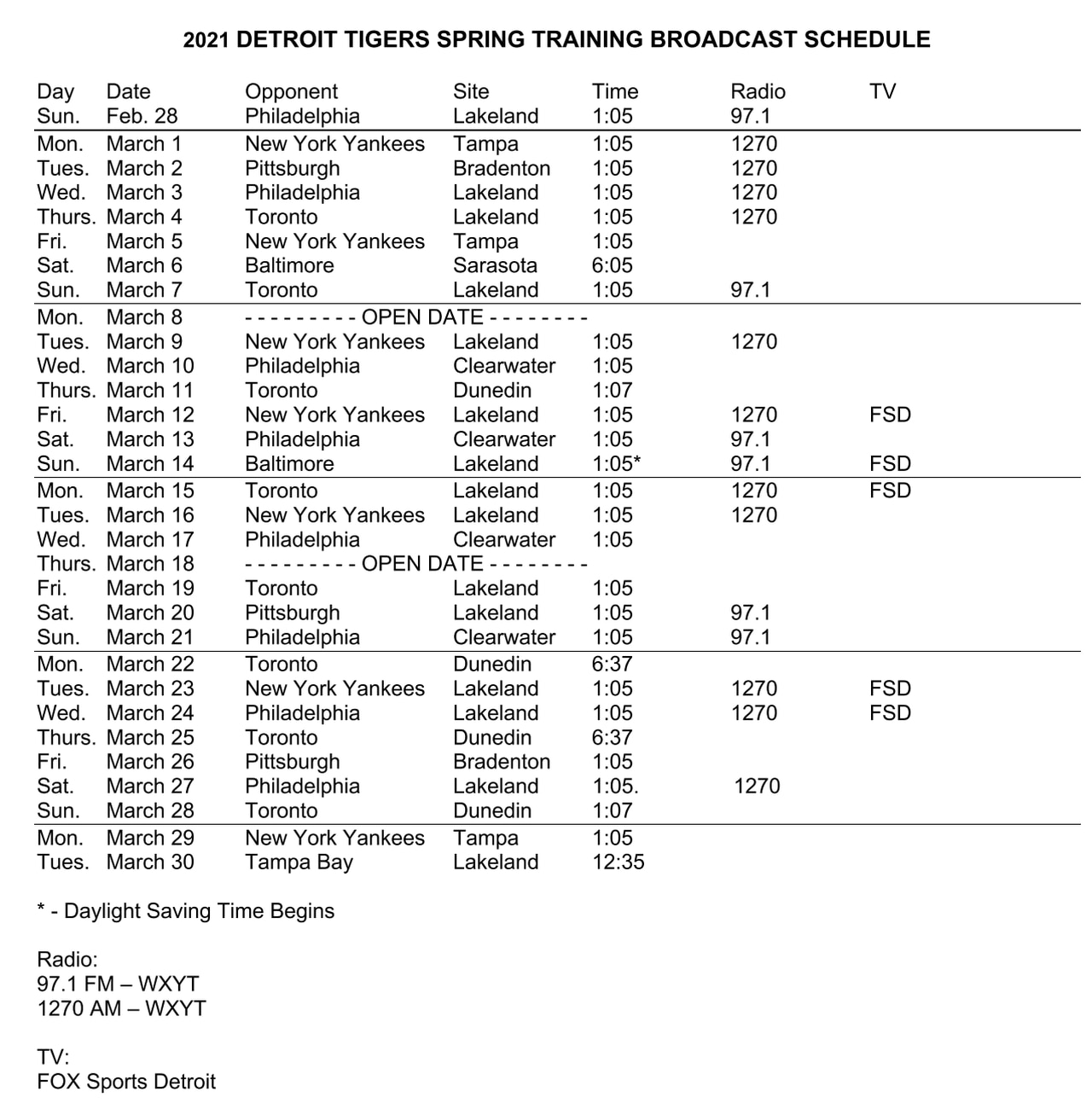 Tigers Spring Training 2021 Full Schedule New Changes 