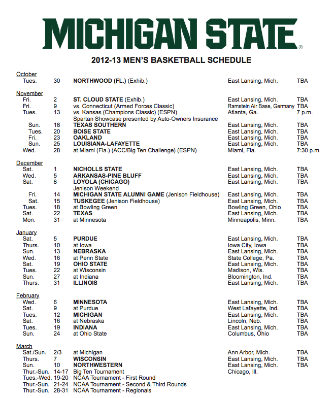 Printable Michigan State Basketball Schedule