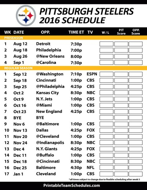 2016 17 Pittsburgh Steelers Schedule Steelers Schedule 