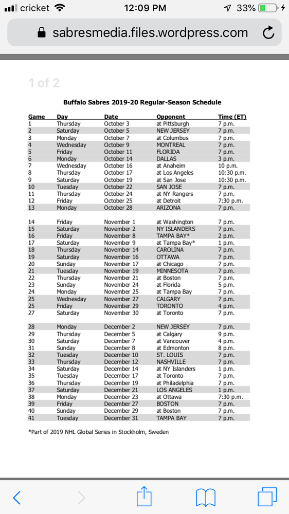 2019 2020 Buffalo Sabres Schedule The Aud Club SabreSpace