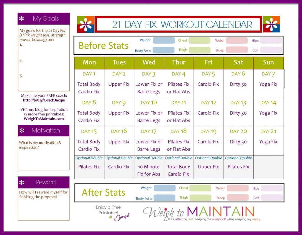 21 Day Fix Workout Calendar Calendar Printable Week