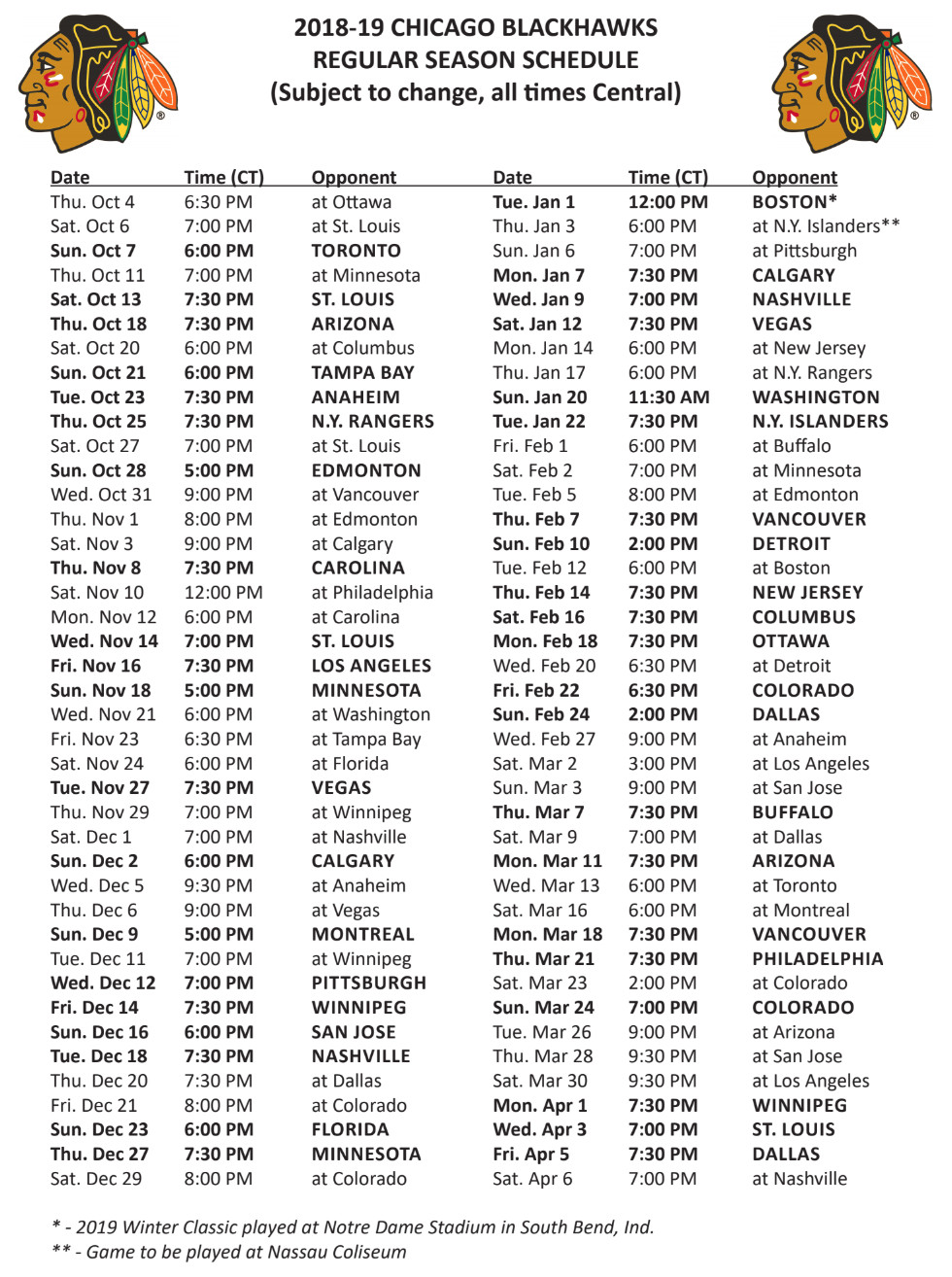 Blackhawks Release Full 2018 19 Schedule Chicago Sun Times