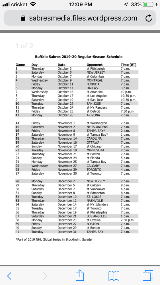 Buffalo Sabres Home Game Printable Schedule