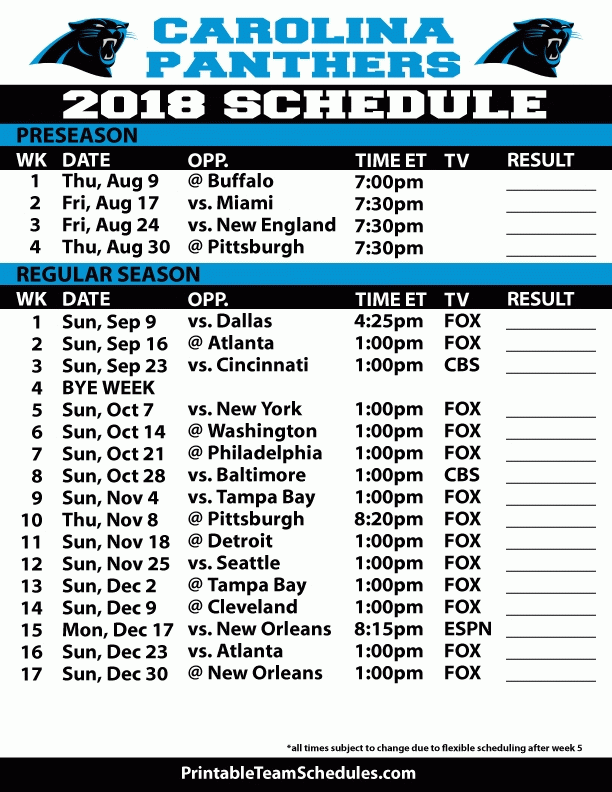 Carolina Panthers 2018 Printable Schedule With Carolina 