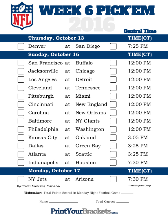 Central Time Week 6 NFL Schedule 2016 Printable