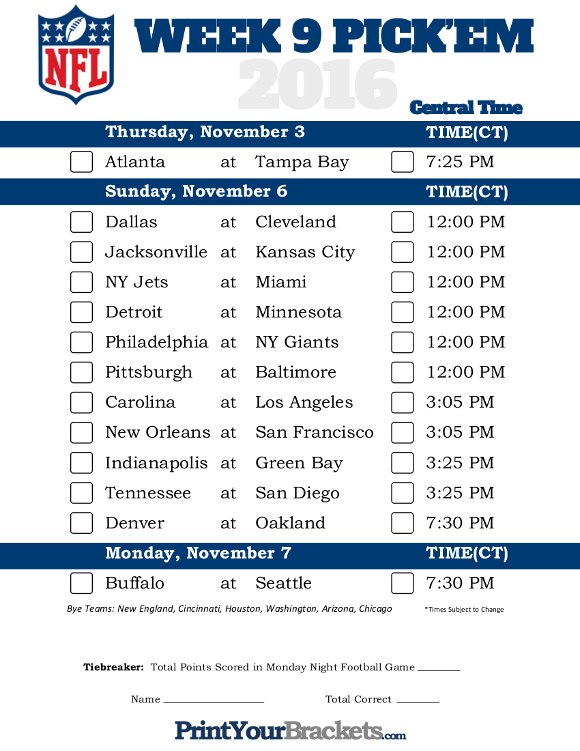 Central Time Week 9 NFL Schedule 2016 Printable