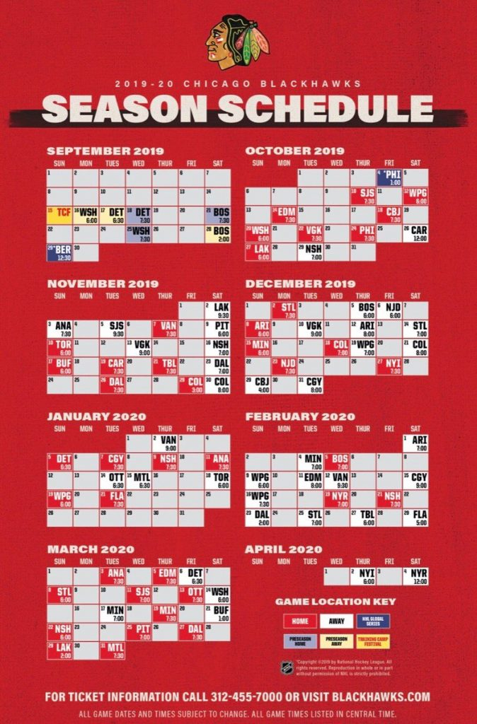 Chicago Blackhawks 2019 20 Schedule CHI CITY SPORTS L 