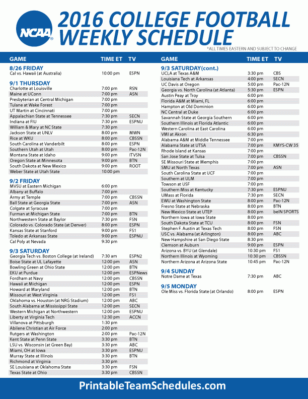 College Football Weekly Schedule 2016 Print Updated 