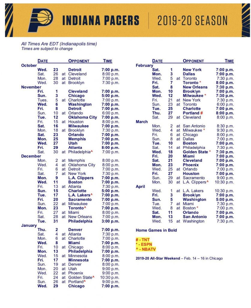 Here S Our 2019 20 Schedule Pacers